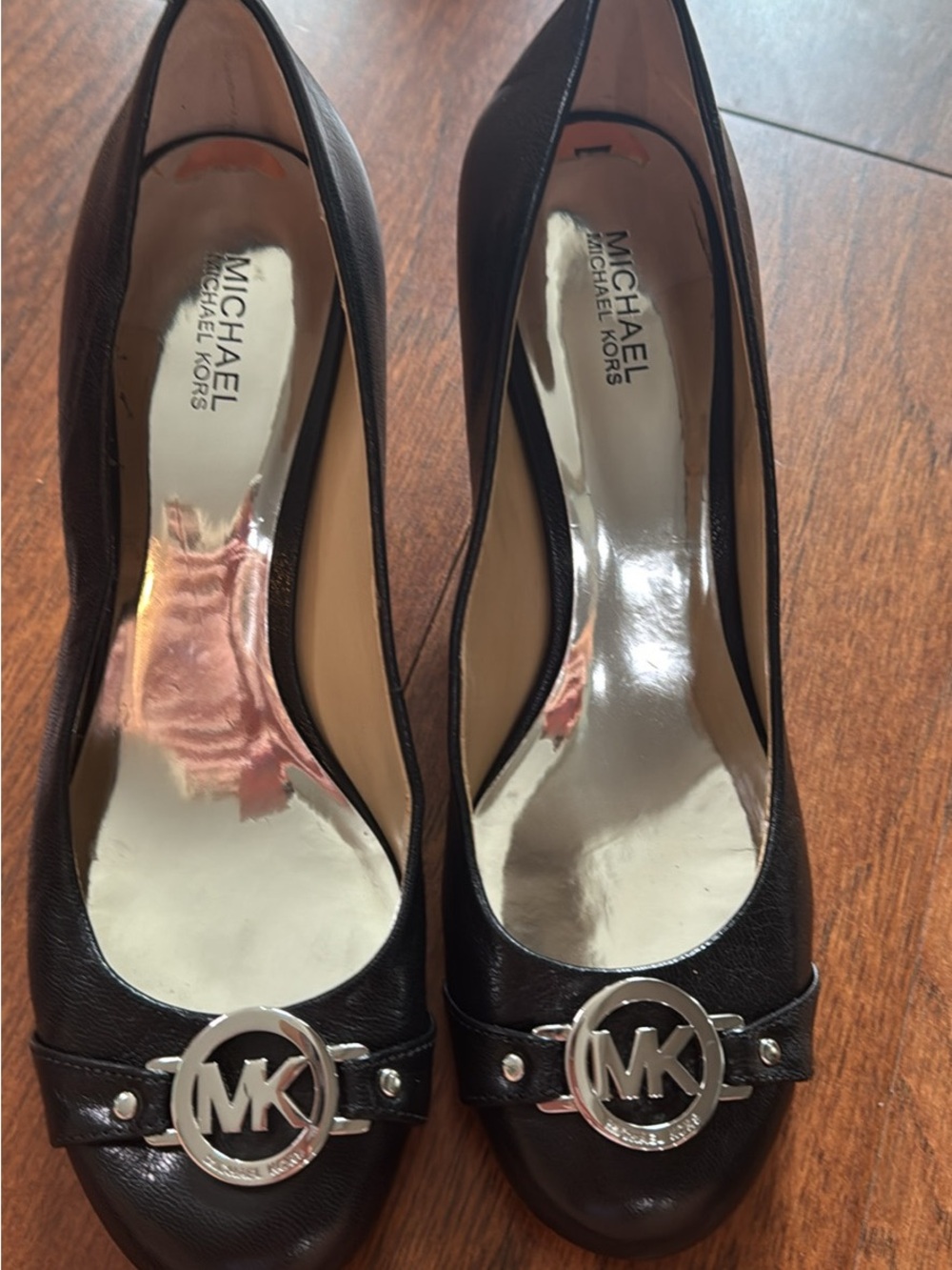 Michael Kors Black Leather Logo Round-Toe Heels